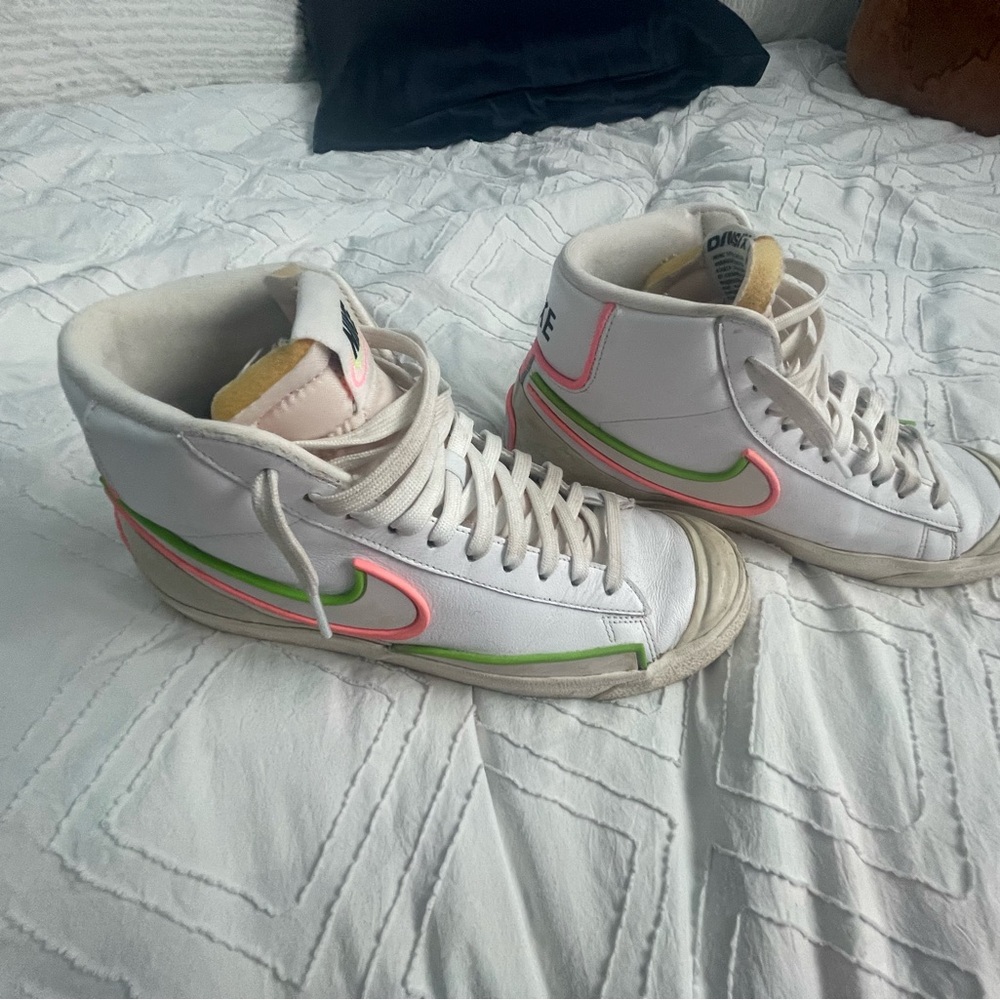 White Nike blazers “watermelon” High-Top Sneakers with Pink and Green Accents